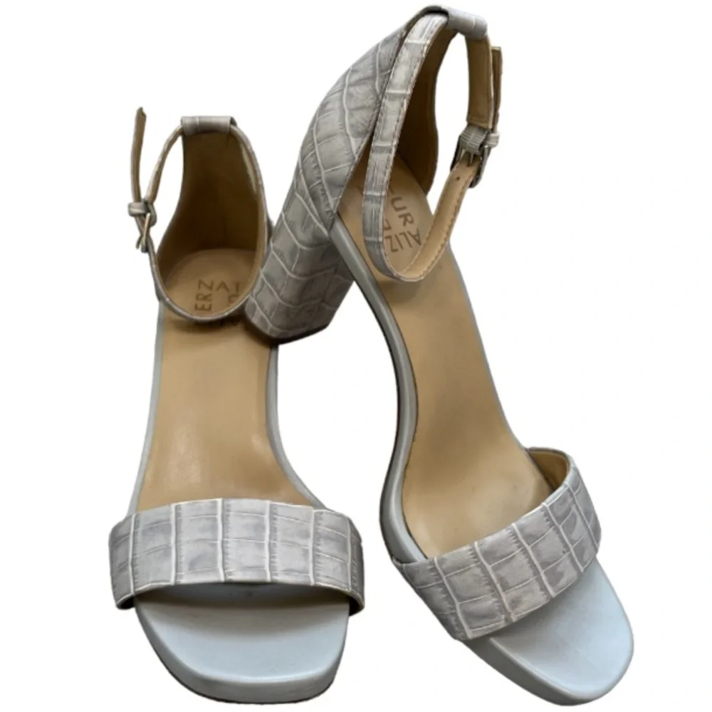 Naturalizer Joy Icy Gray Croc Embossed Leather Ankle Strap Block Heels Size 9.5W
